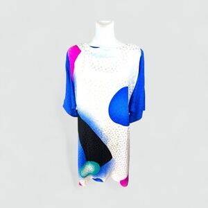 Flora Kung silk Bold Abstract Print Midi Dress 3/4 Sleeve Boat‎ Neck Women's